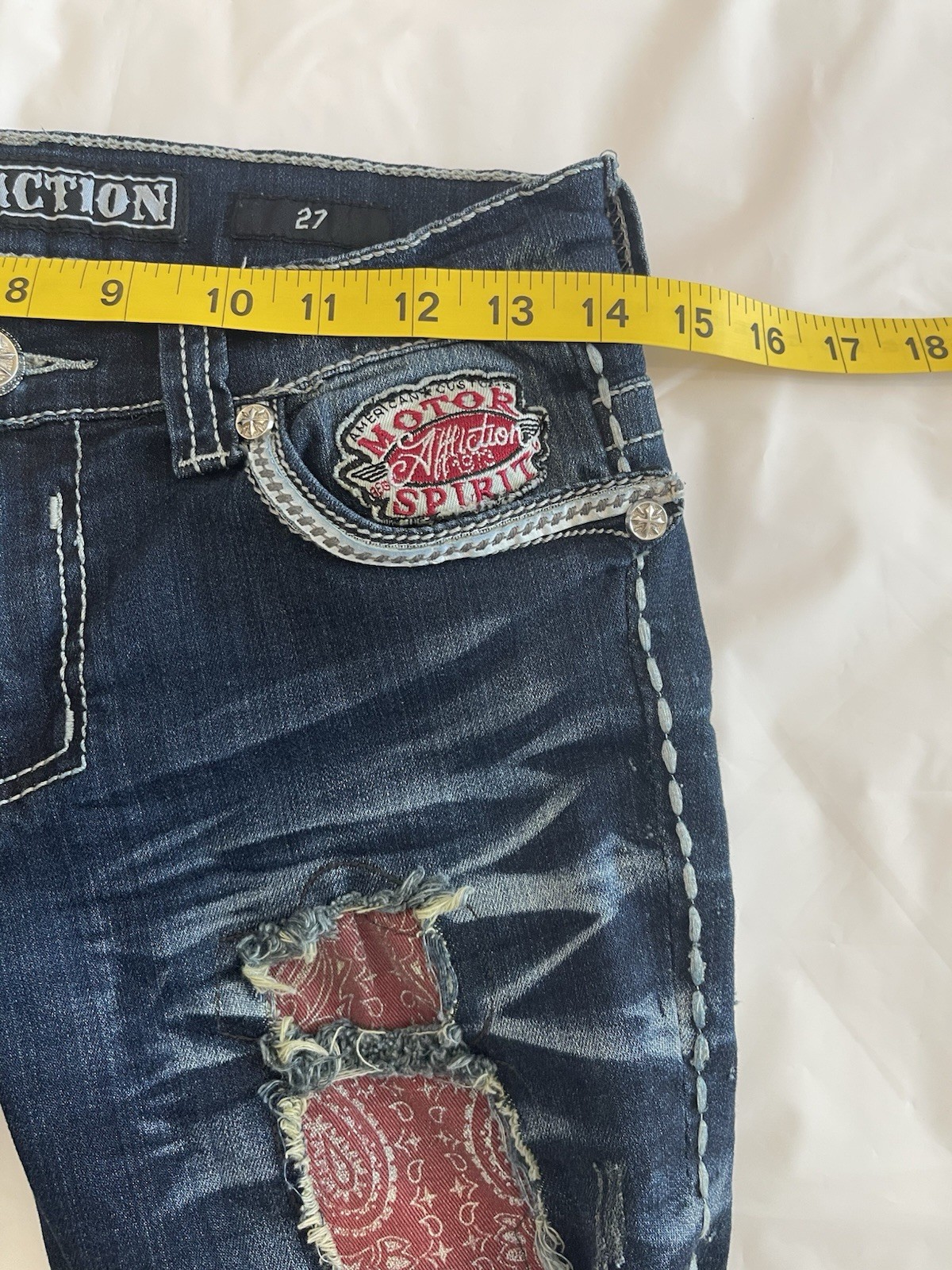 Affliction Jade Embellished Handkerchief Patchwork Jeans Size 27 Mcbling Low Cut