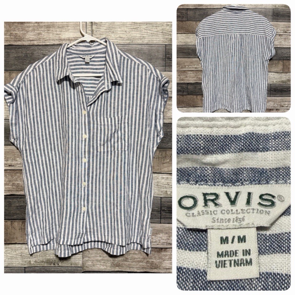 Orvis Striped Linen Blend Top Blouse Women’s M Blue White Lightweight Casual