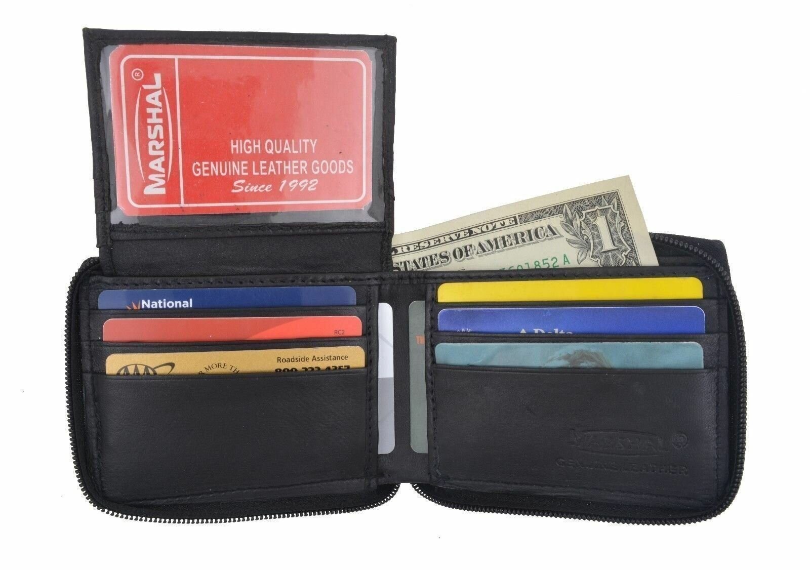 Men’s Genuine Leather Zipper Zip-Around Organizer Bifold Wallet Black Brown Tan!