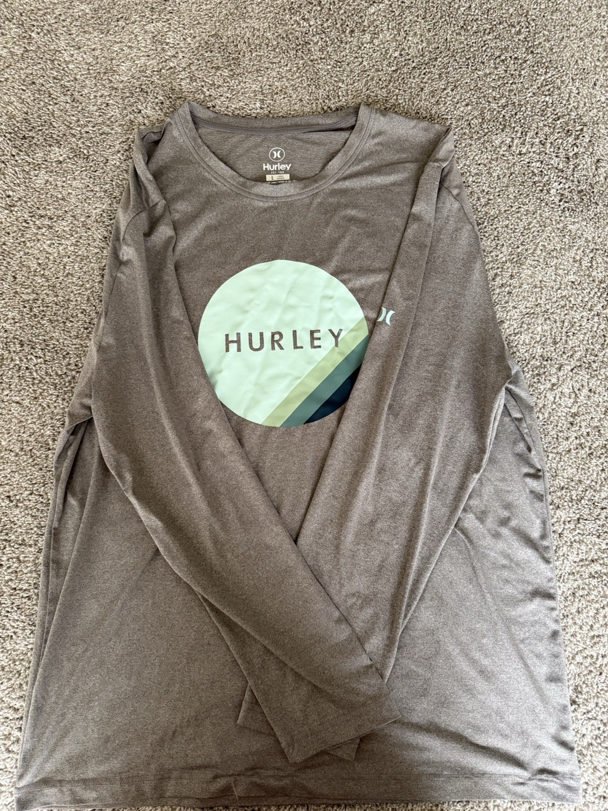 Hurley Men’s Gray Long Sleeve Graphic Logo Crew Neck T-Shirt L Stretch