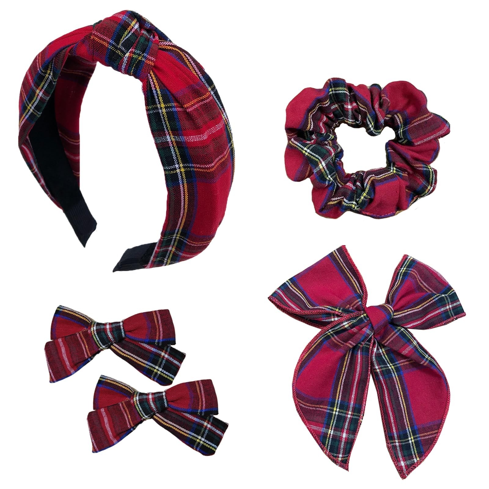 5 Pcs Plaid Headbands & Knotted Scrunchies Set, Holiday Hair Accessories for Wom