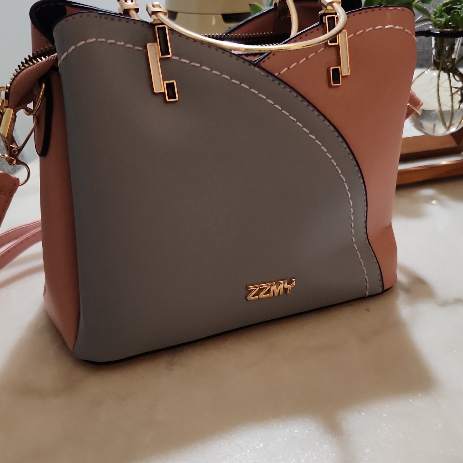 ZZMY Pink & Gray Colorblock Satchel Top Handle Zip Crossbody Strap Charm