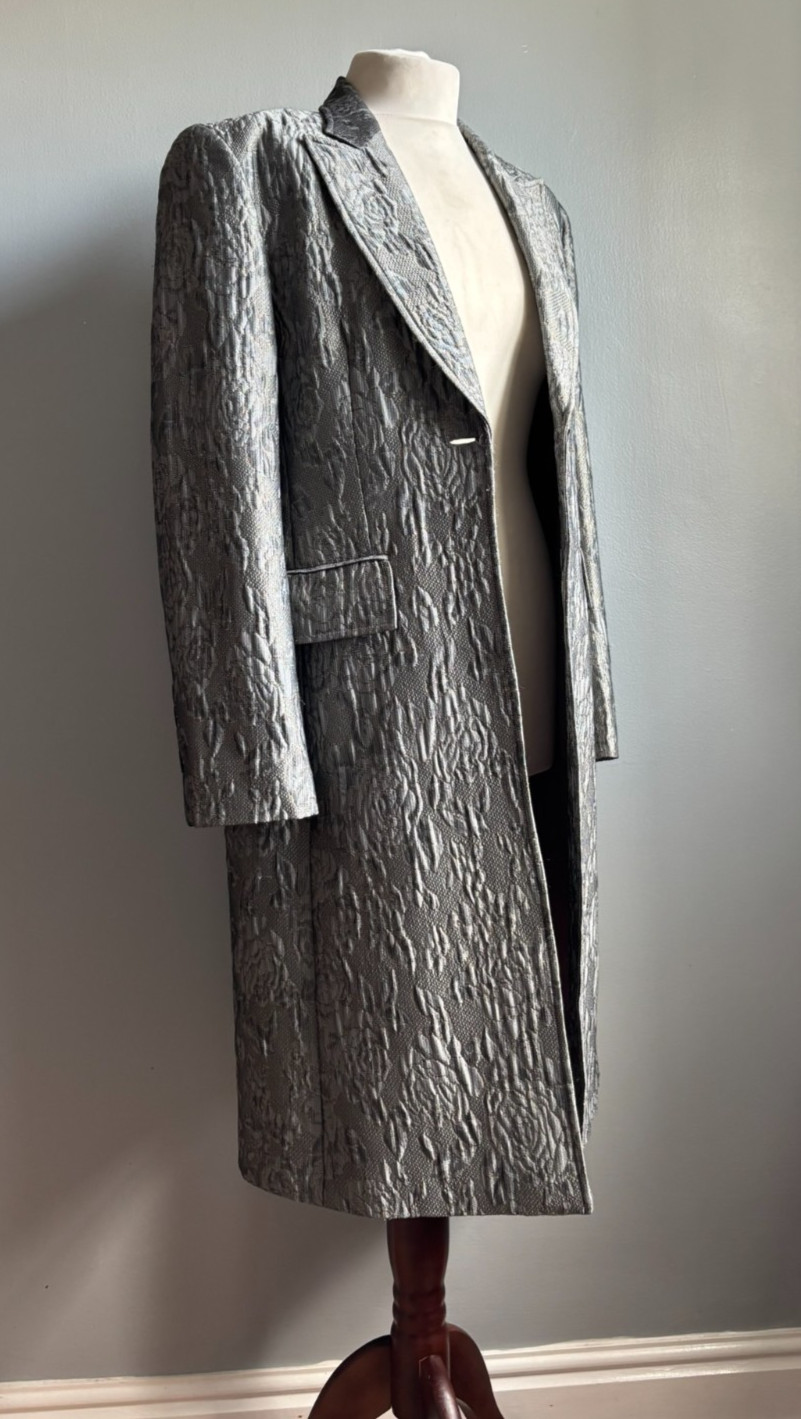 WHISTLES LONG LINE JACKET 10 jacquard shiny silver gold grey faux silk metallic