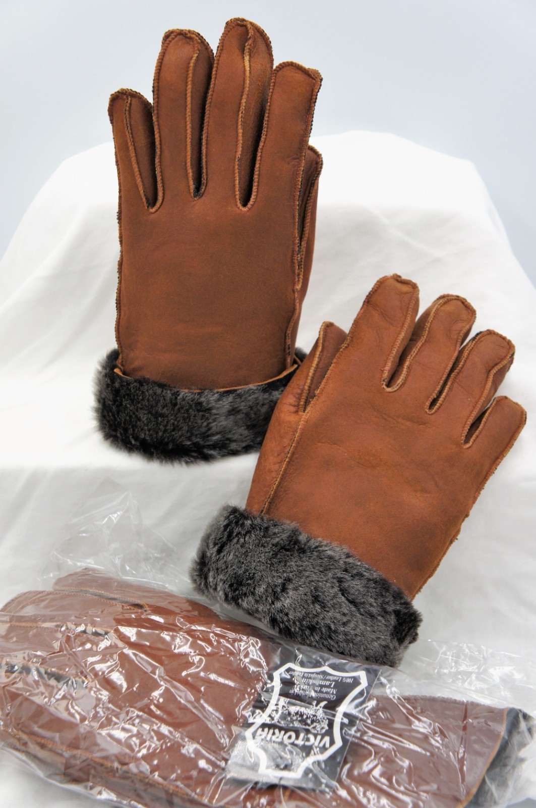 REAL GENUINE SHEEPSKIN SHEARLING LEATHER GLOVES UNISEX, COGNAC BROWN / ASH S-2XL