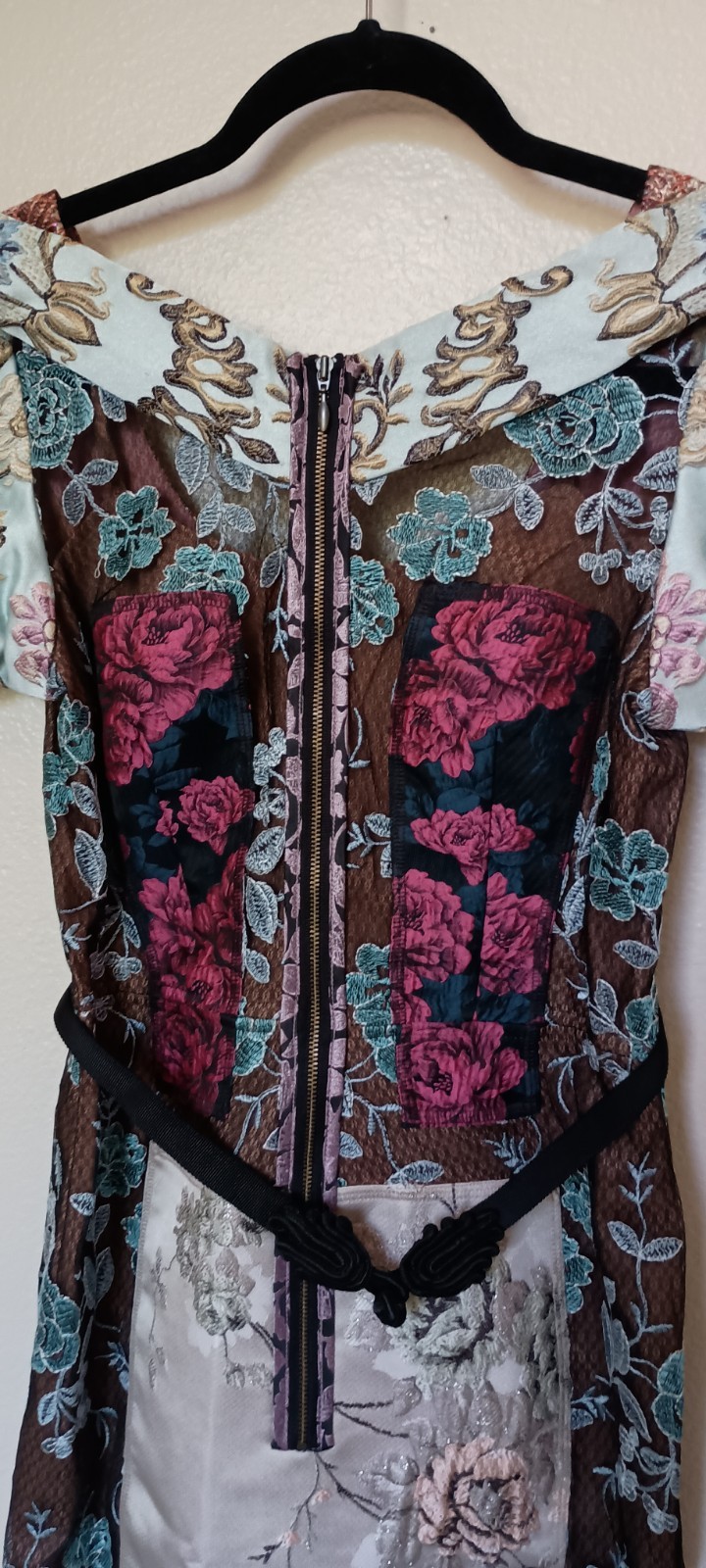Byron Lars 2P Petite Floral Brocade Sheath Dress Belted Zip Scoop Knee