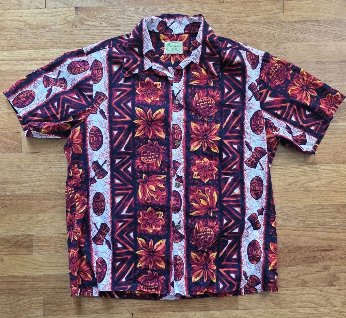 Vtg 60s Ui Maikai Hawaiian Shirt Mens Large Tiki Warrior Cotton Floral Pineapple