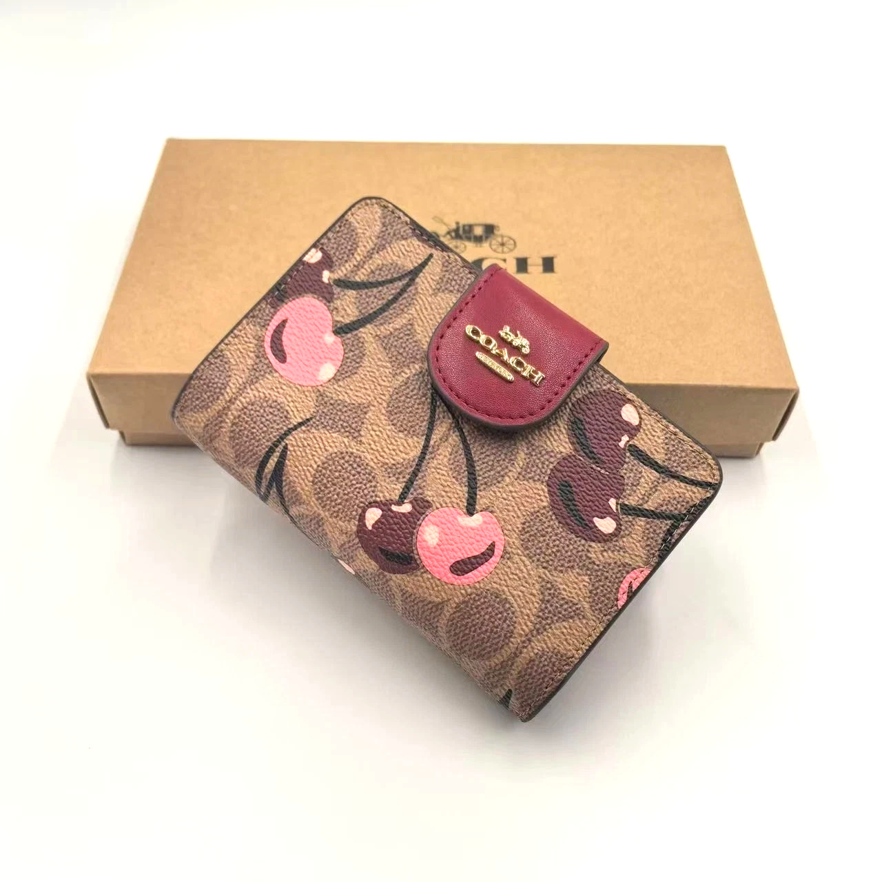 Zip Wallet Clutch CZ342 Brown Signature Canvas Cherry Print