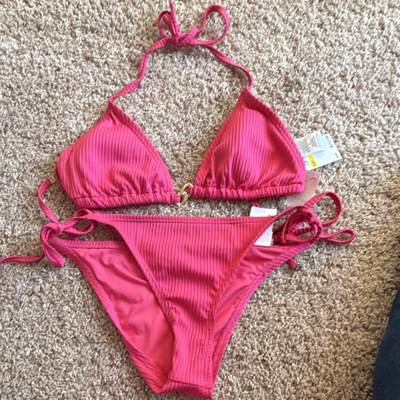 Women’s Pink Ribbed Triangle Halter Bikini 2-Piece Tie-Side Bottoms Size S