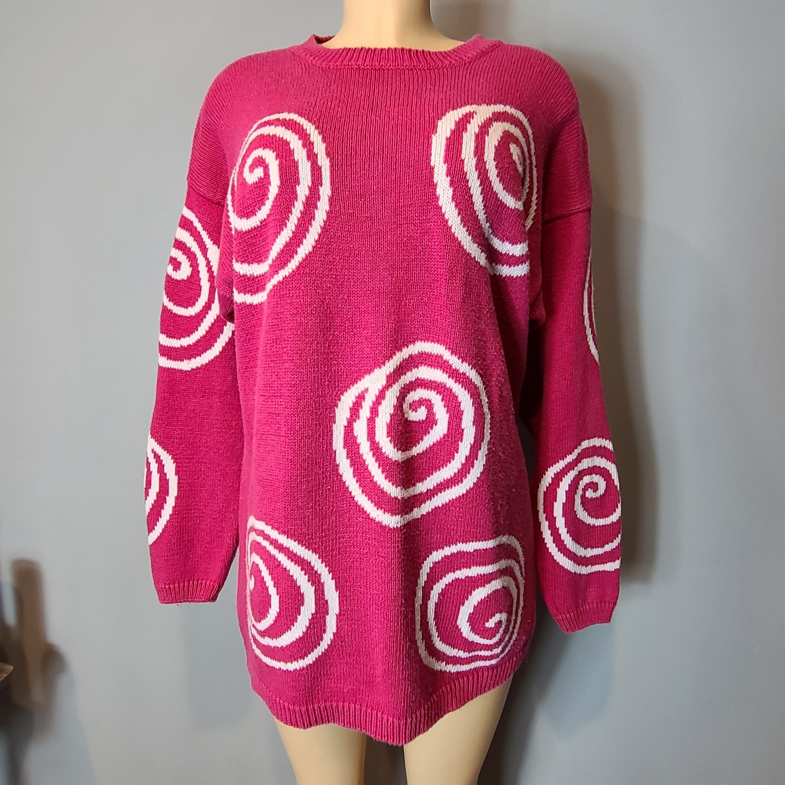 Vintage Oversized Sweater Pink Geometric Sz Large 90s Long Rami Cotton