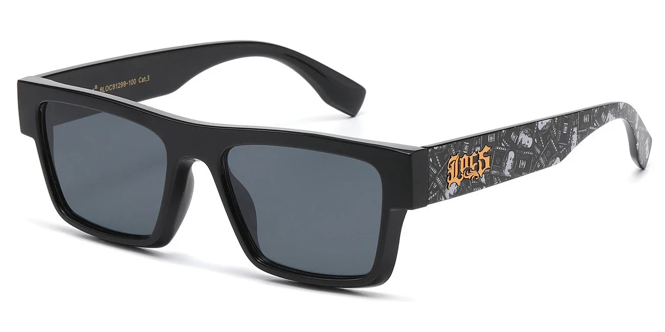 Locs Men’s Flat Top Square Black Frame Money Print Temple Smoke Lens Sunglasses