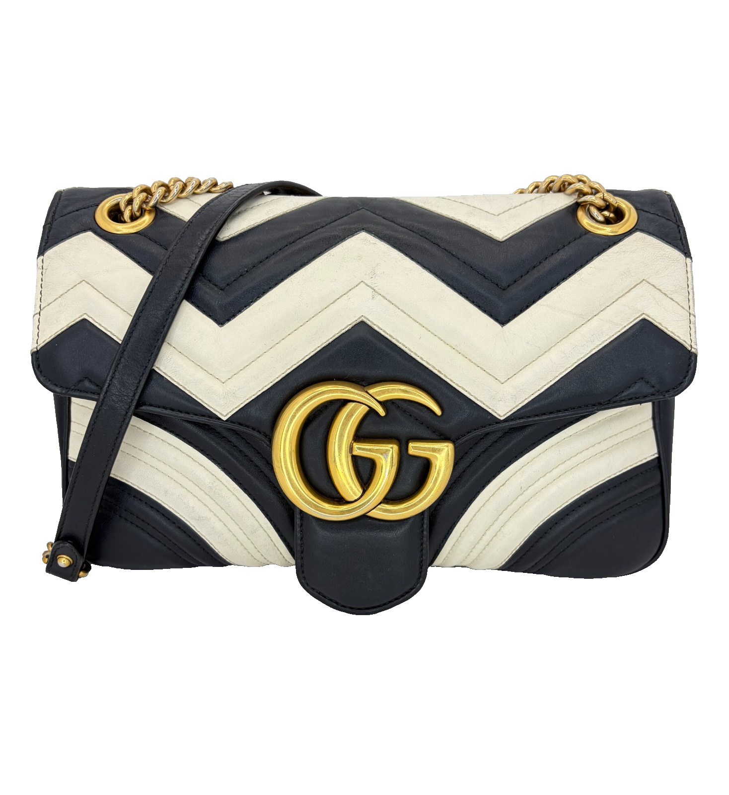 GUCCI GG Marmont Black White Chevron Shoulder Bag Matelasse Chain Crossbody