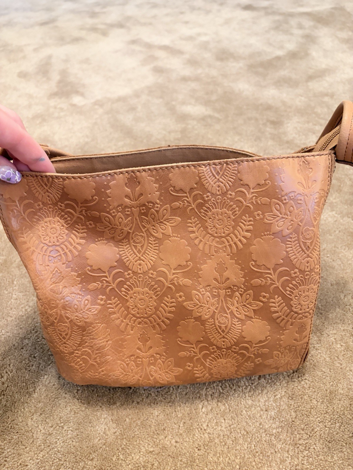 The Sak Brown Floral Embossed Shoulder Bag Zip Closure Studded Detach Strap