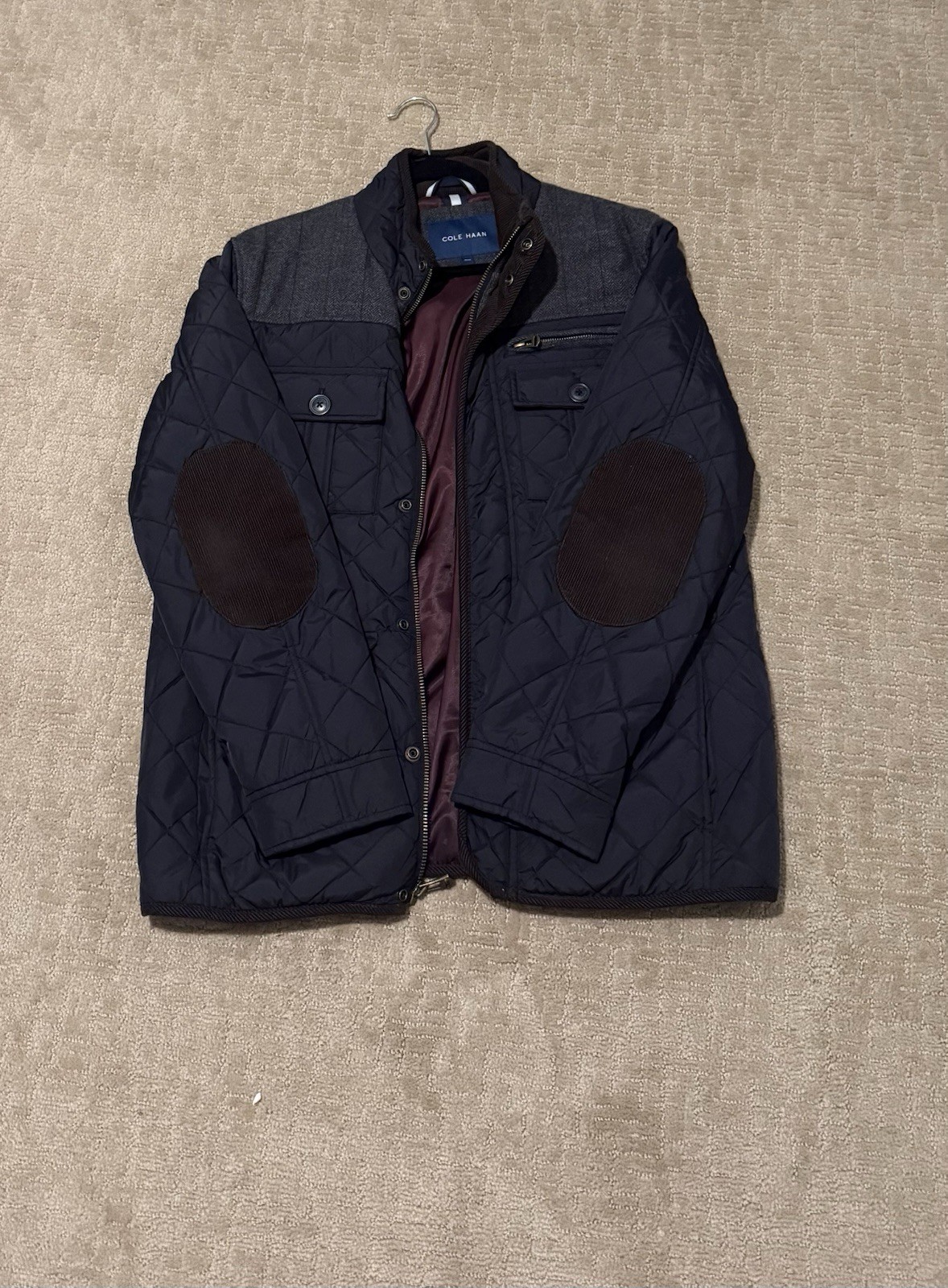 Cole Haan Men’s M Black Quilted Jacket Full Zip Stand-Up Collar Button Elbow