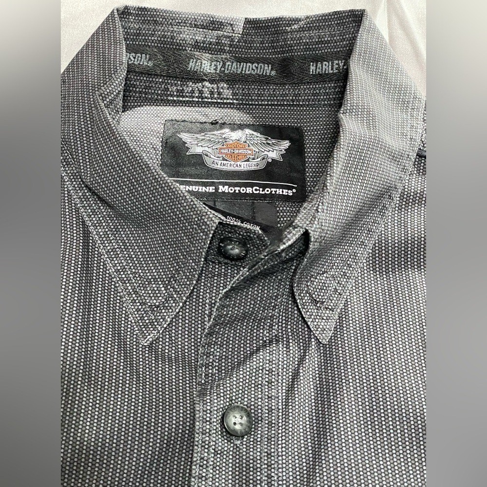 Harley-Davidson Mens Grey Black Patterned Button Up Shirt Logo Patch XL