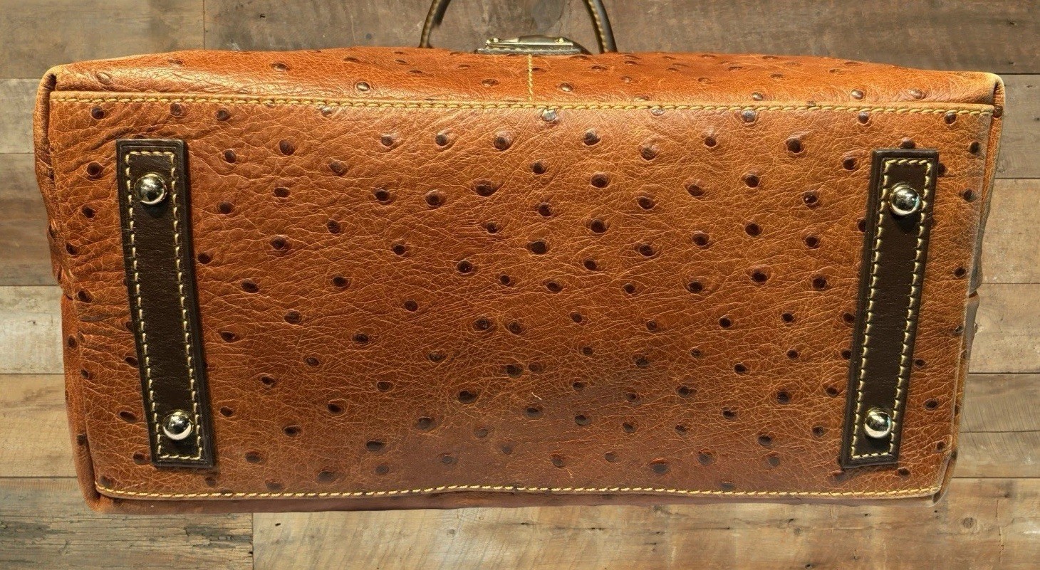 Dooney Bourke Chestnut Brown Ostrich Embossed Leather Front Pocket Satchel Tote
