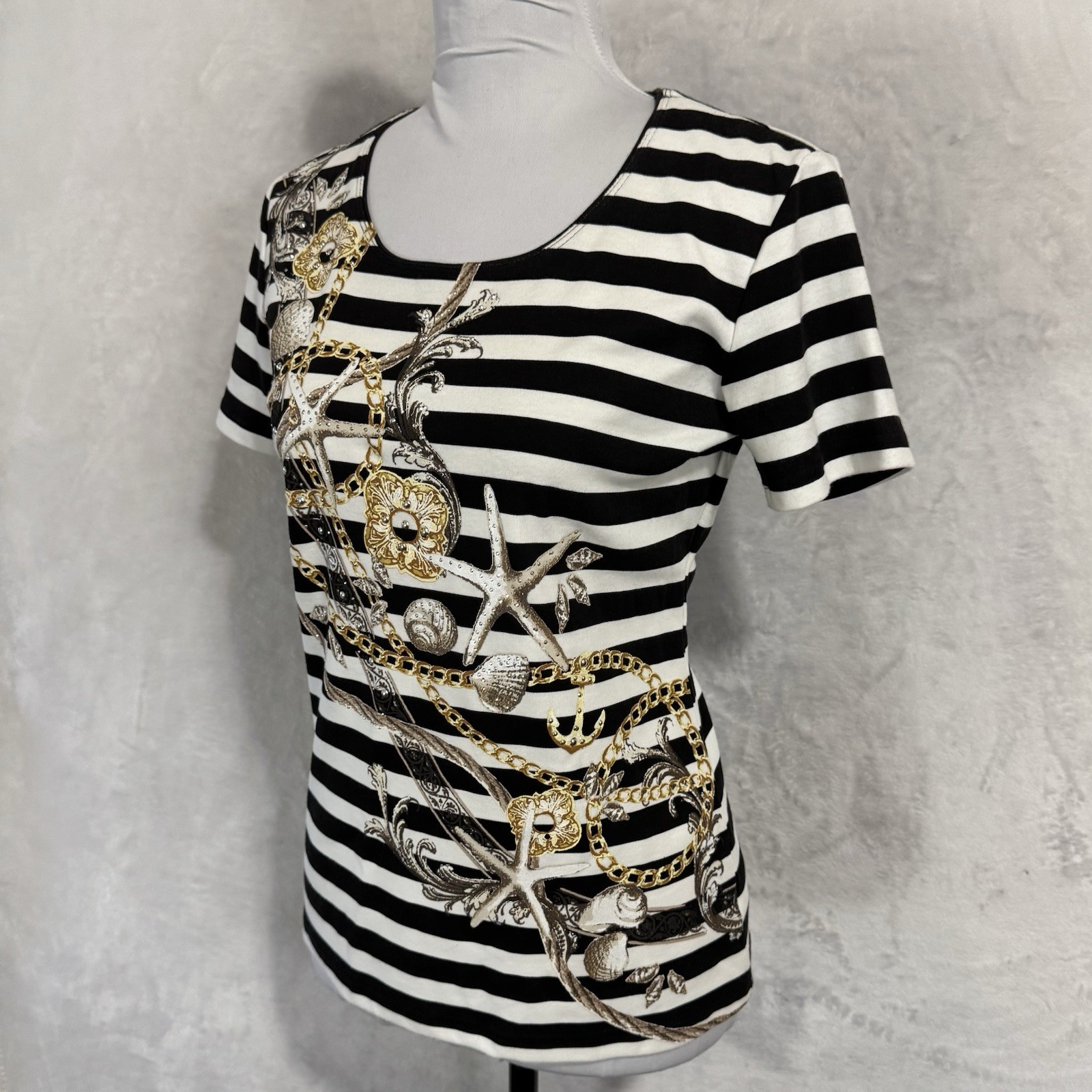 Studded Nautical Striped T Shirt Size Small P Sailor Top Seashell Beach Anchor
