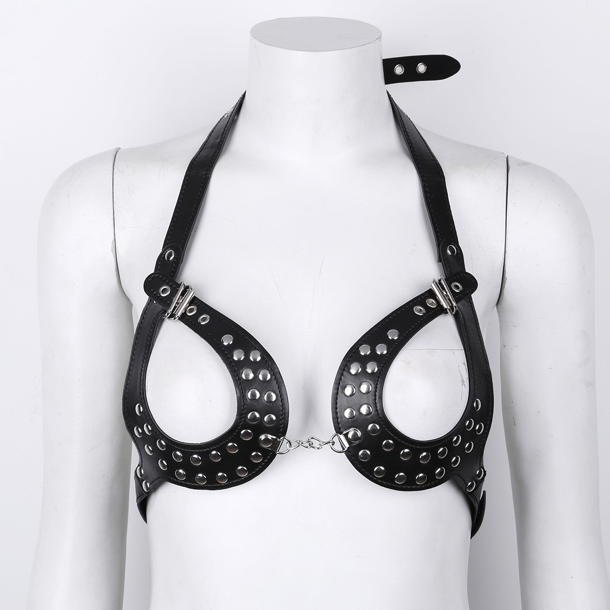 Sexy Womens PU Leather Open Bust Bra LingerieBody Rivets Harness Chain Thong