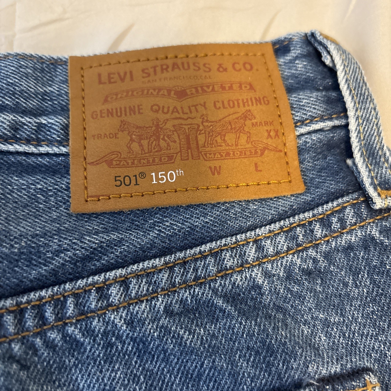 Levis 501 Selvedge Jeans Blue Distressed 34×32 150th Anniversary High Waisted
