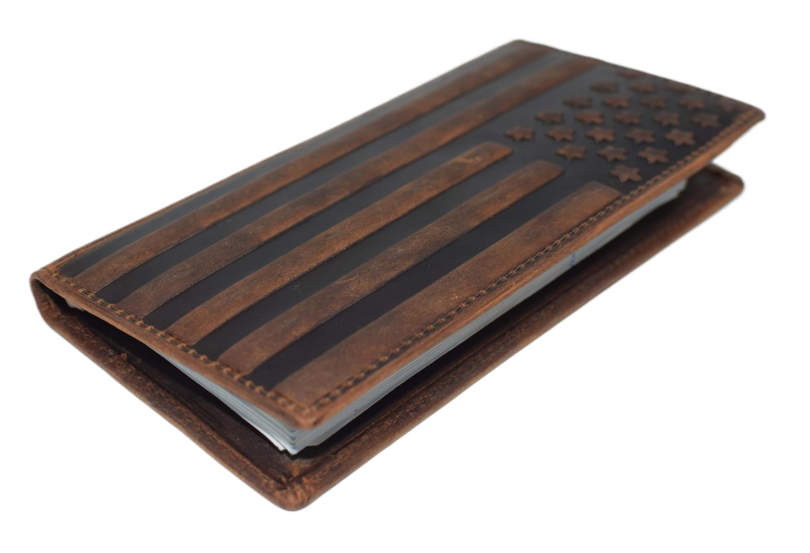 Genuine Leather Checkbook Cover Men Women Holder Wallet RFID Blocking USA Flag