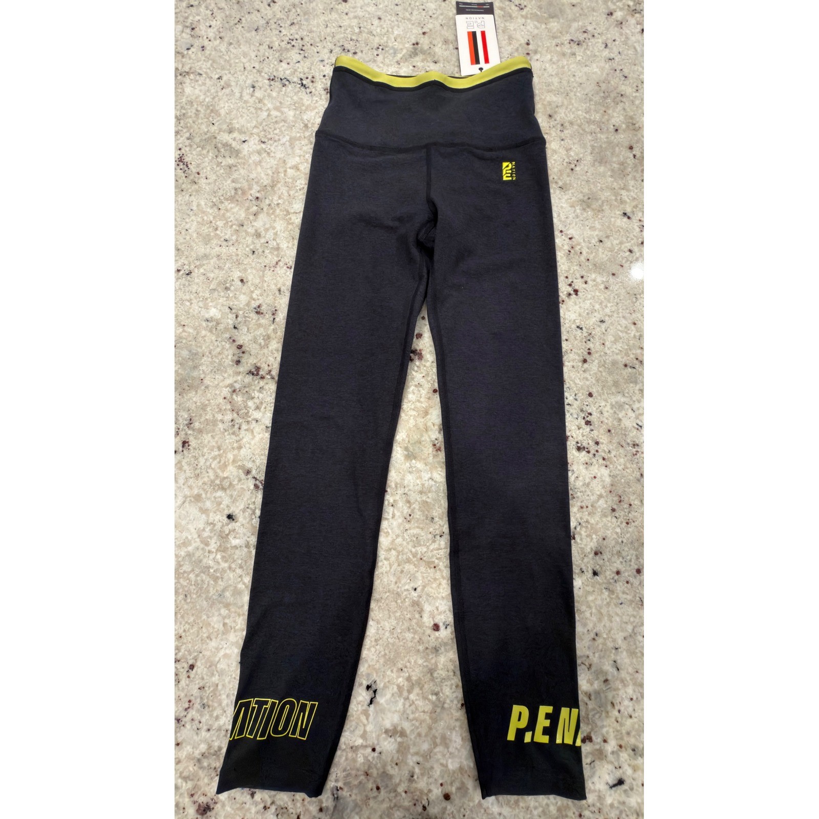 P.E Nation Leggings XS Orbital Charcoal Marl Yellow Logo NWT