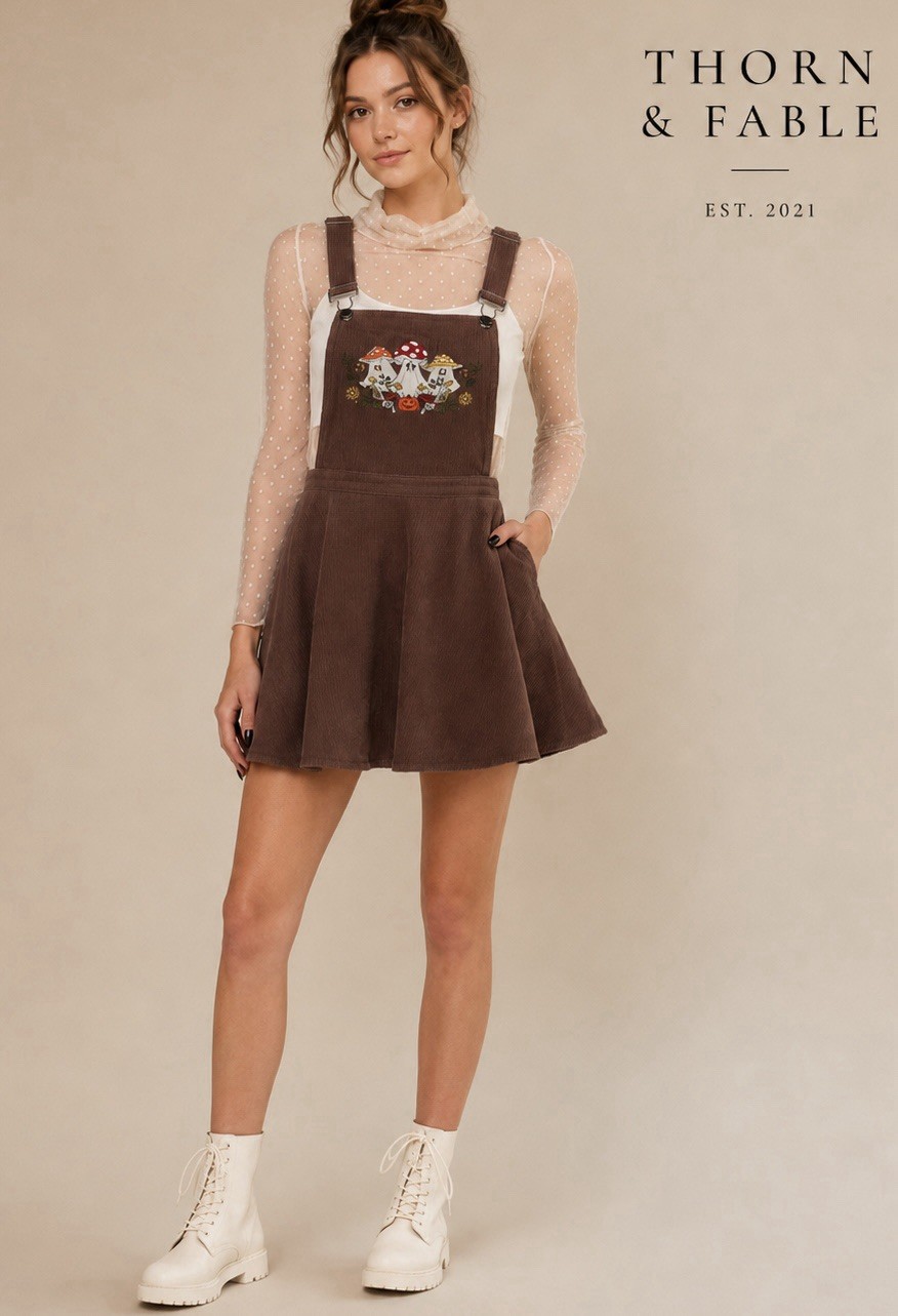 Thorn & Fable Ghost Mushroom Corduroy Skirtall Brown Embroidered S Overall Dress