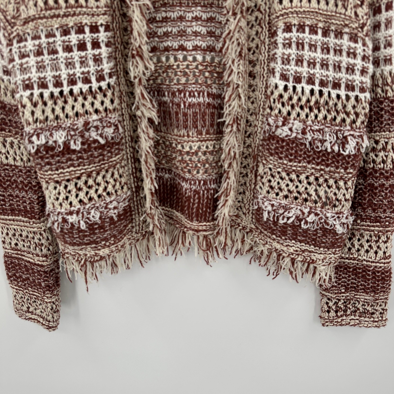 25 South Boho Fringe Open Front Cardigan Sweater Knit Geometric Pattern
