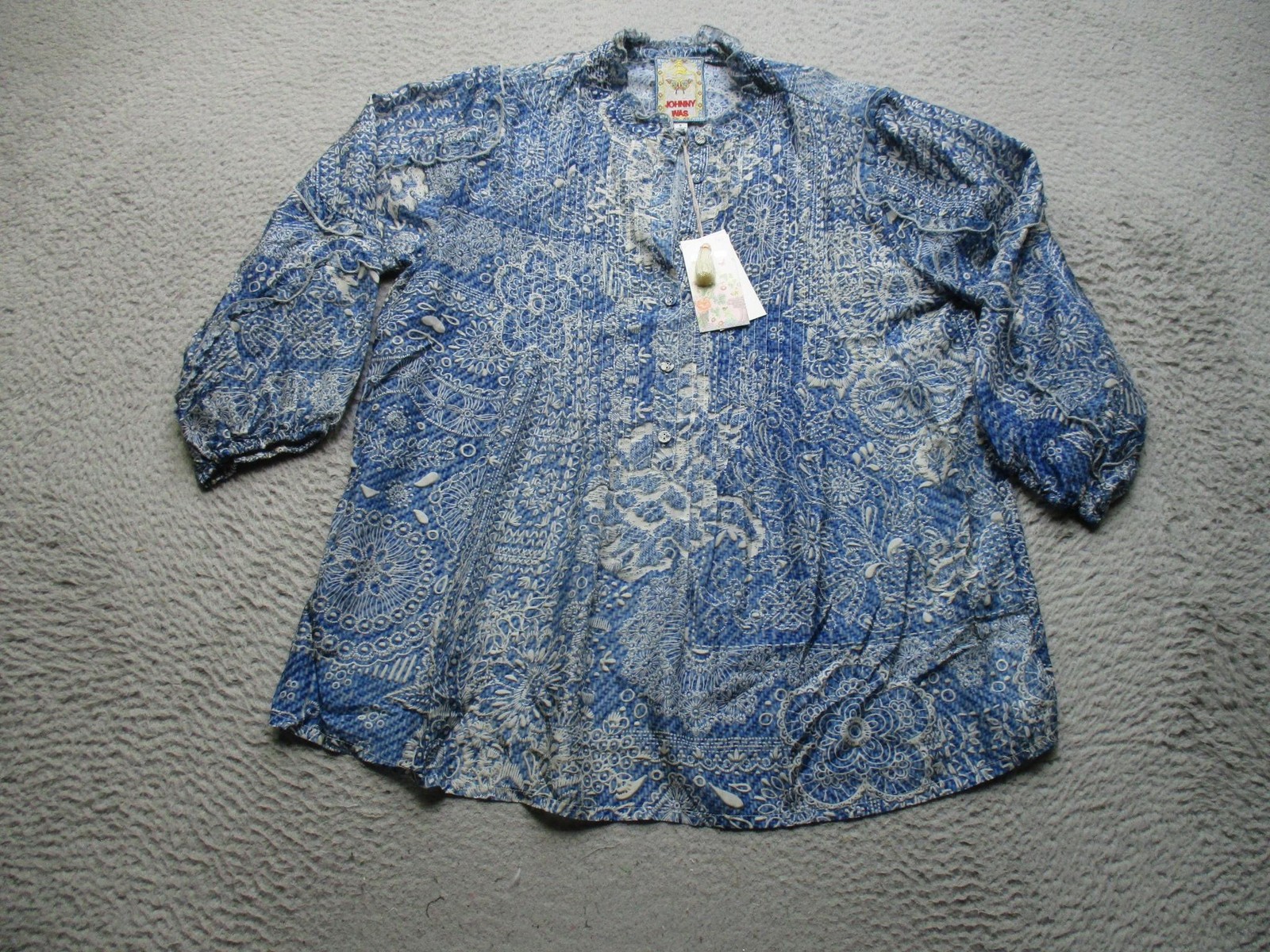 Johnny Was Blouse Womens Small Blue Zeeland Silk Floral Print Boho Tunic Top
