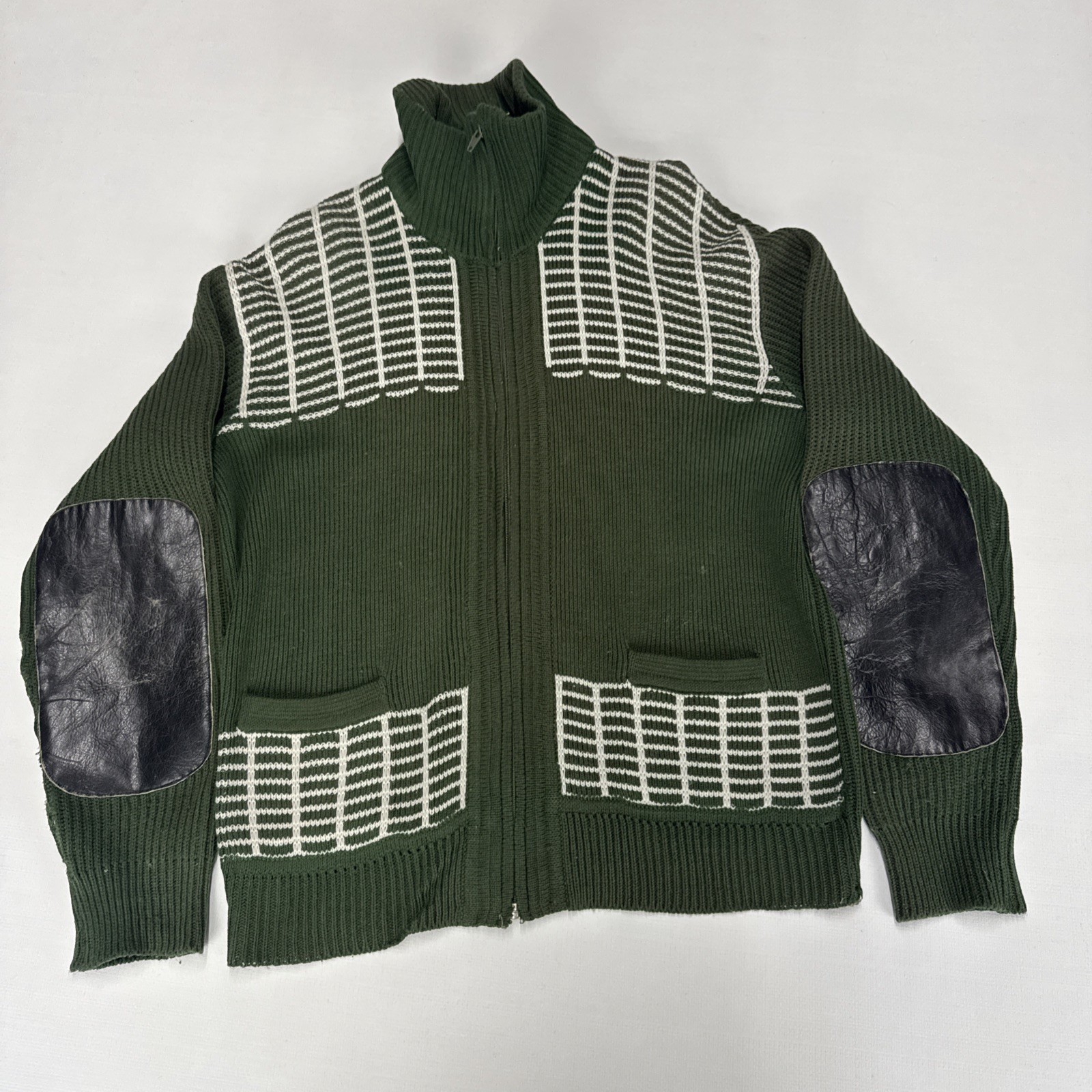 Vintage ZIP CARDIGAN Mens L Green Ribbed Knit Mock Neck Elbow Pads Classic