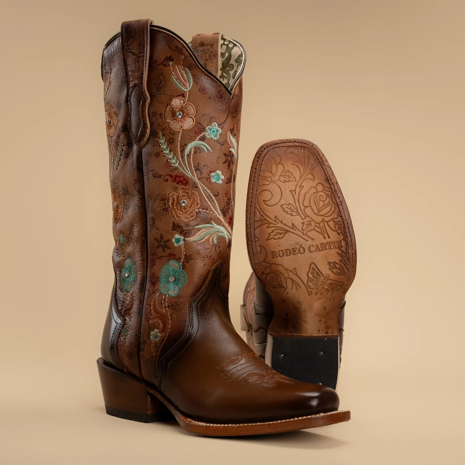 Women’s Rodeo Espresso Brown Turquoise Floral Embroidery Western Cowgirl Boots