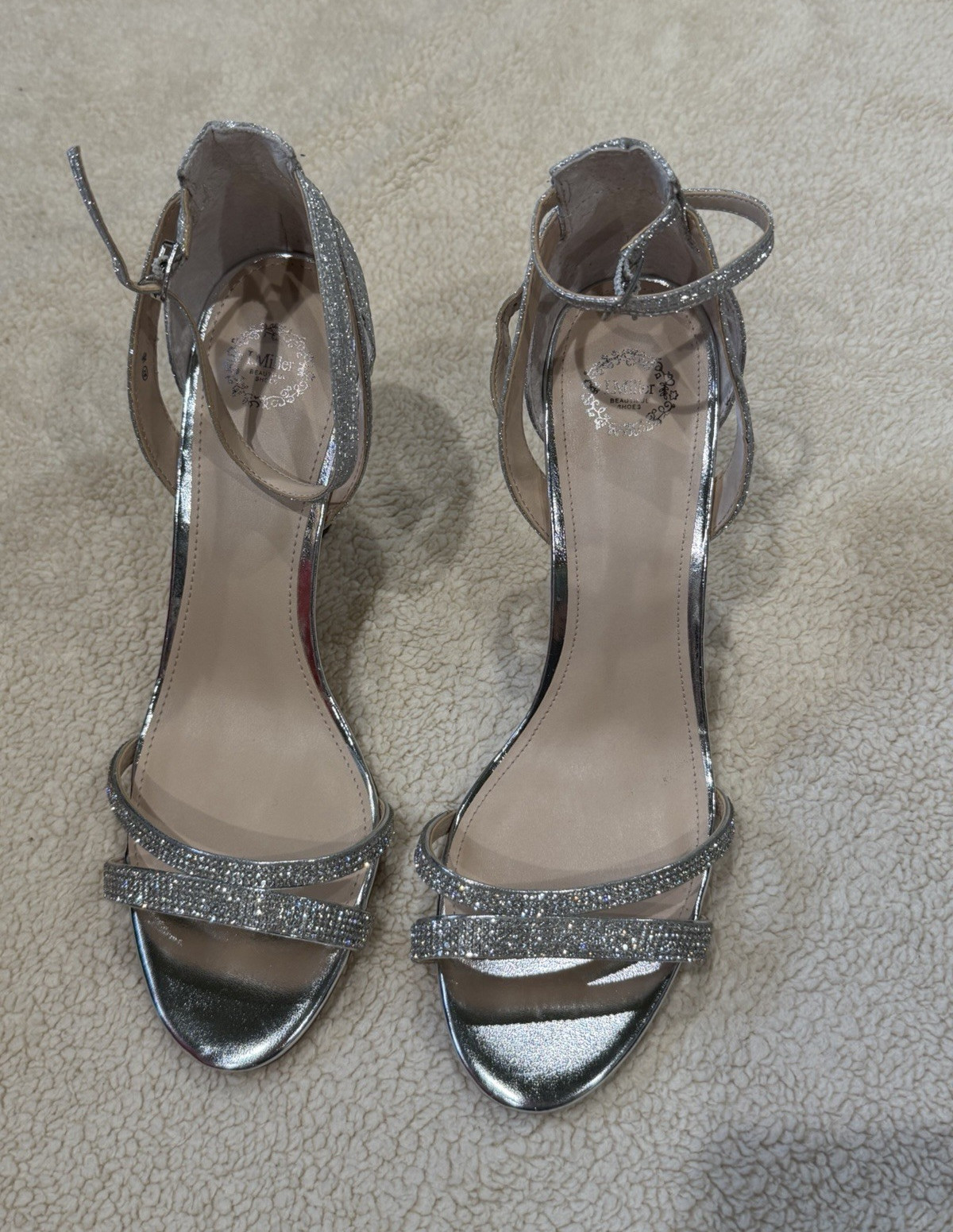 J. Miller Silver Glitter Strappy Open Toe Ankle Strap Stiletto Heel 11M