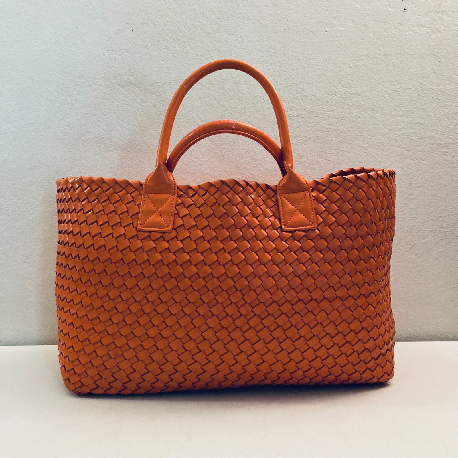 Woven Nappa Leather Tote Bag 21″ Intrecciato Shopper Lambskin Orange Large