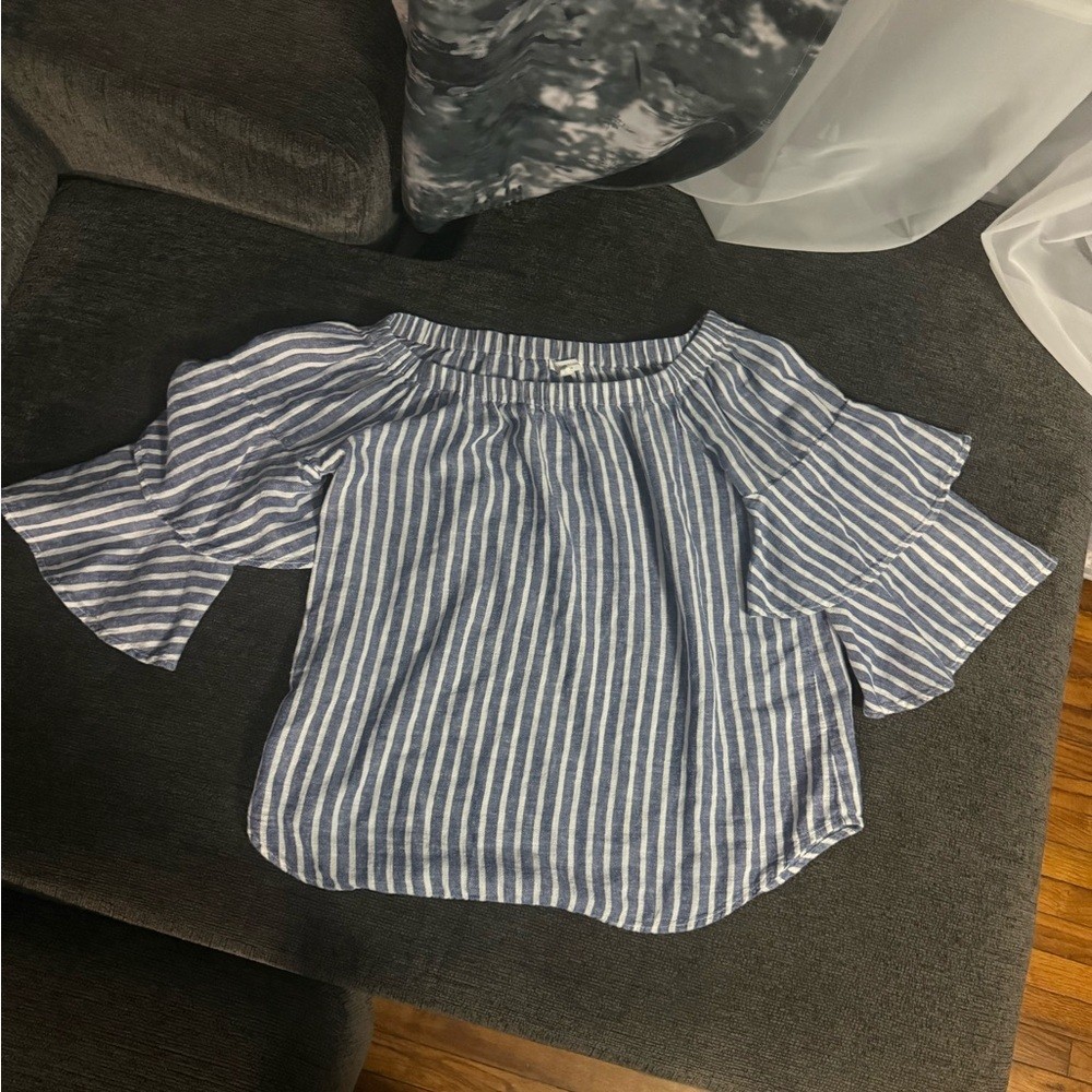 Beachlunchlounge Blue White Striped Linen Off Shoulder Top XL 👚