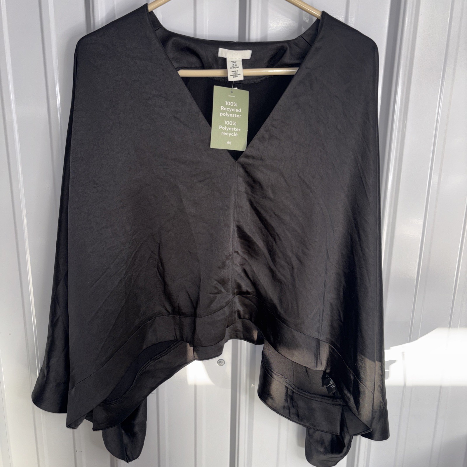 H&M Lux Line Satin Feel 100% Recycled Polyester Black Asymmetrical Blouse XL NWT