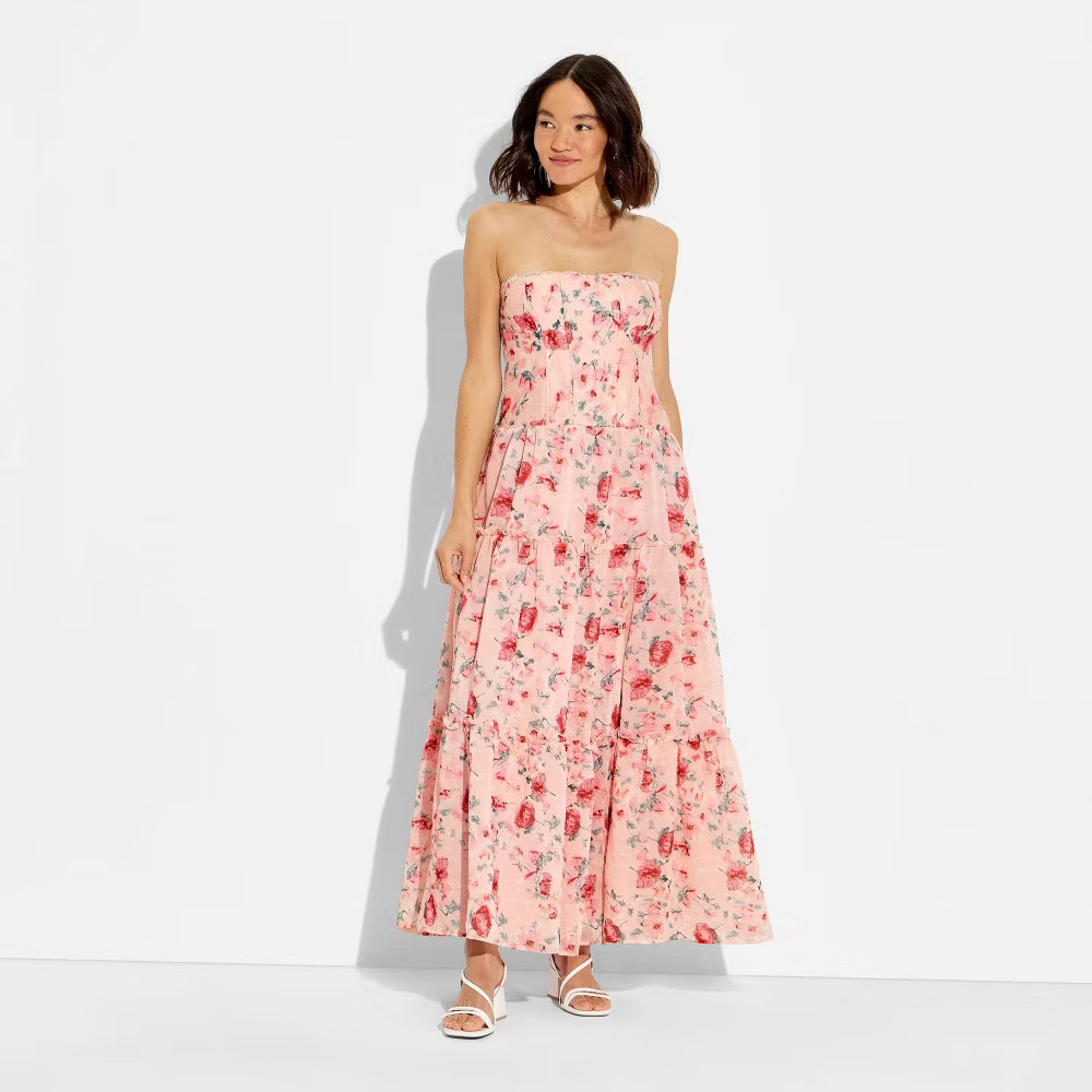 Women Strapless Tiered Corset Maxi Dress – Wild Fable Pink Floral XL