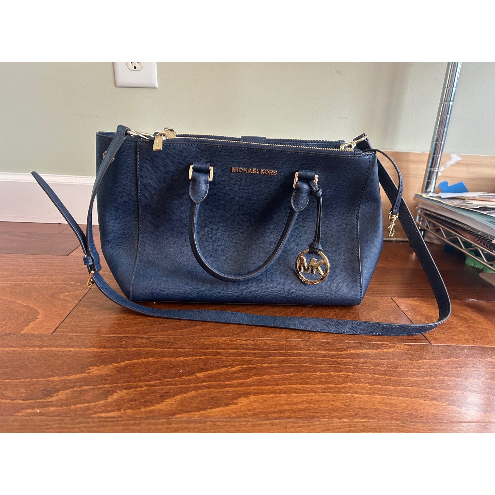 Michael Kors Savannah Navy Blue Saffiano Leather Satchel Crossbody Bag Gold Tone