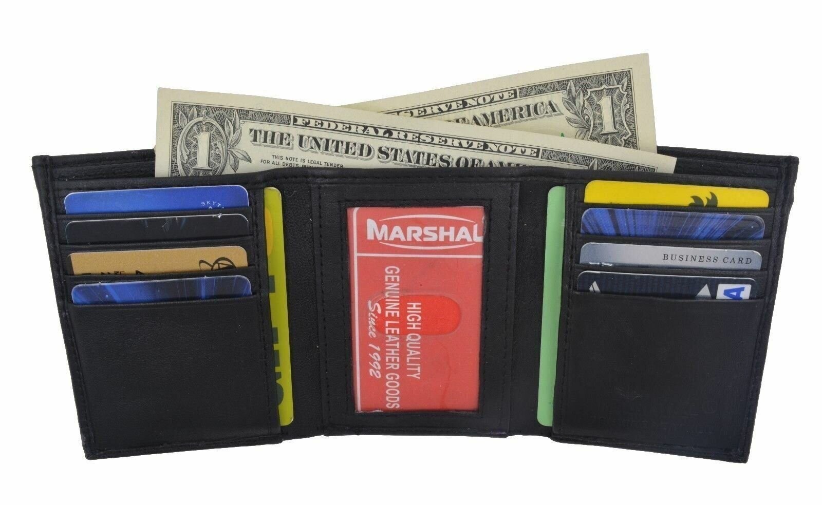 Men’s Genuine Leather Trifold Wallet Black Brown 8 Credit Card slots ID window