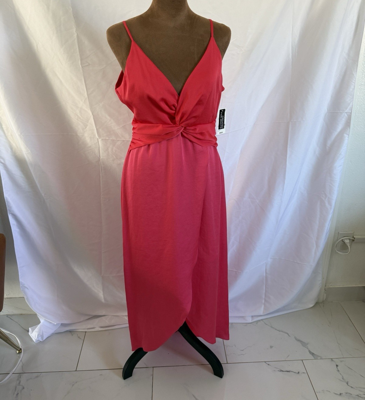 Bar III Pink Solid Twist Front V-Neck Adjustable Strap Maxi Dress, M