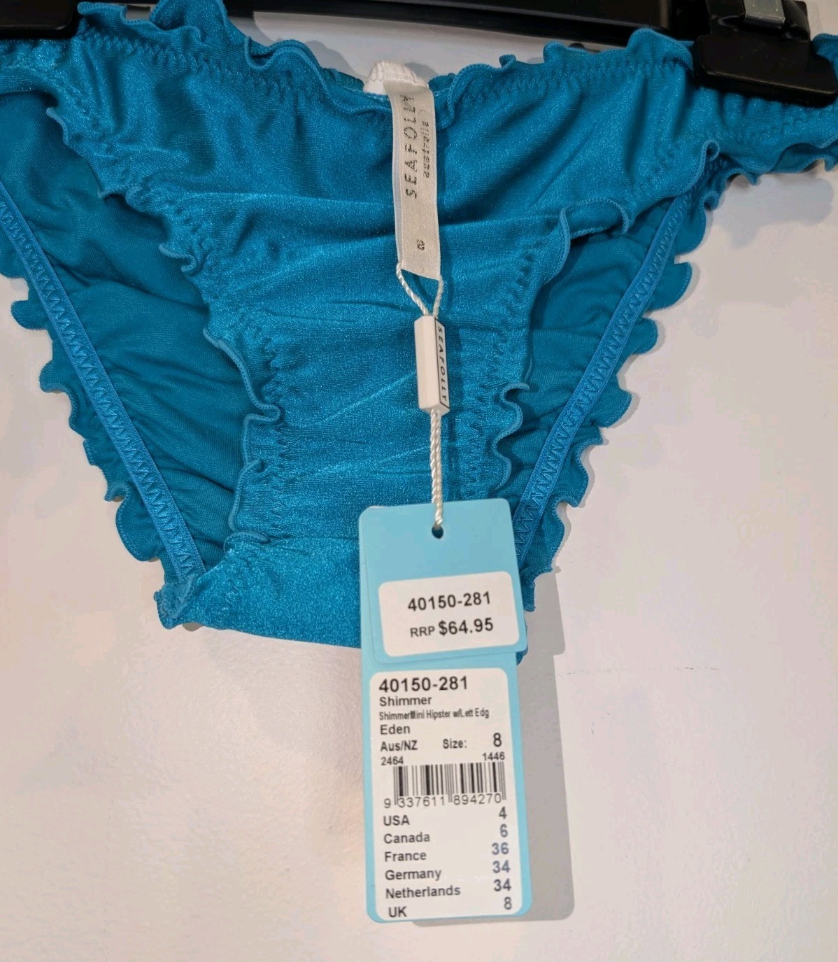 Seafolly Bikini Bottom Shimmer Hipster AU8 US4 New Tags Eden Blue RRP $64.95
