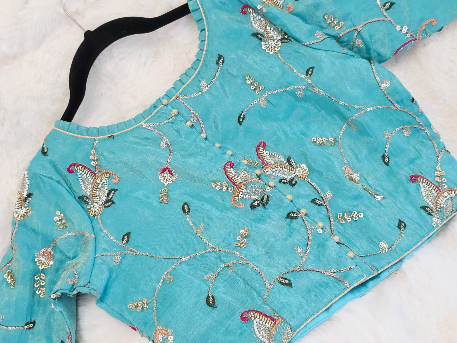 Aqua Blue Tissue Fabric Embroidered Sequins Designer Blouse