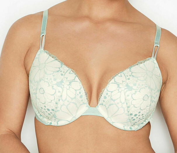 38C Aqua White LACE Mesh Wings Extreme Lift Victorias Secret Plunge PU UW Bra