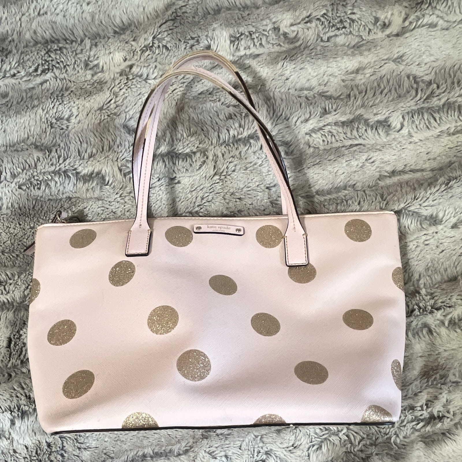 kate spade new york Pink/Gold Glitter Polka Dot Zip Top Tote Gold Pockets