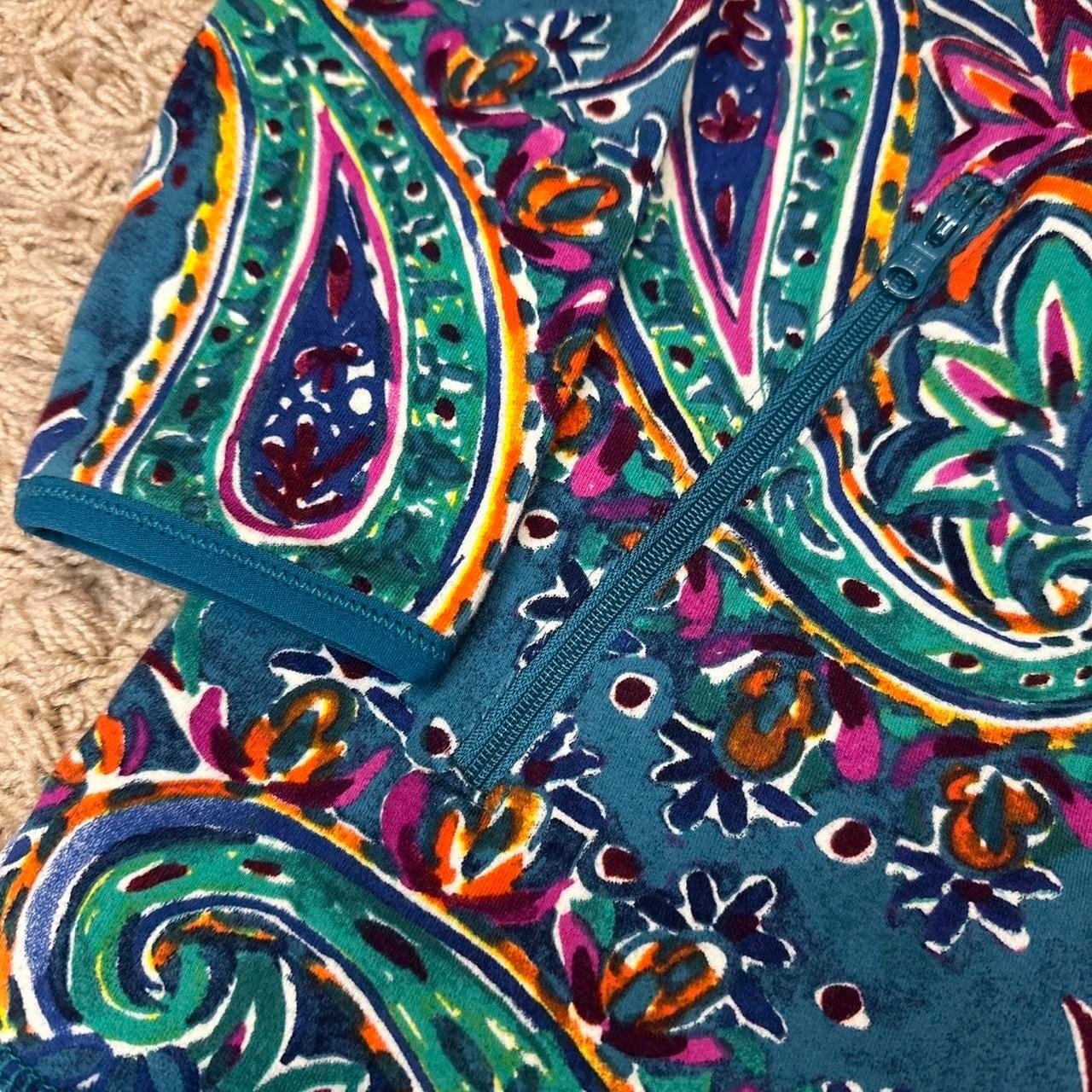 T by Talbots Womens XS Teal Paisley Quarter Zip Pullover Long Sleeve Top Pockets