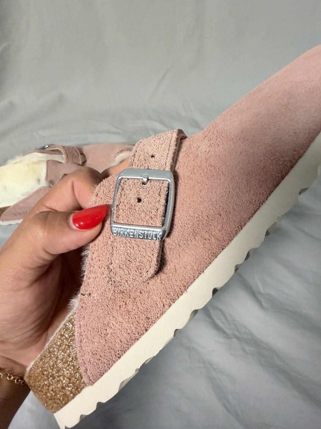 Birkenstock Boston Shearling Lined Suede Clogs in Pink Clay