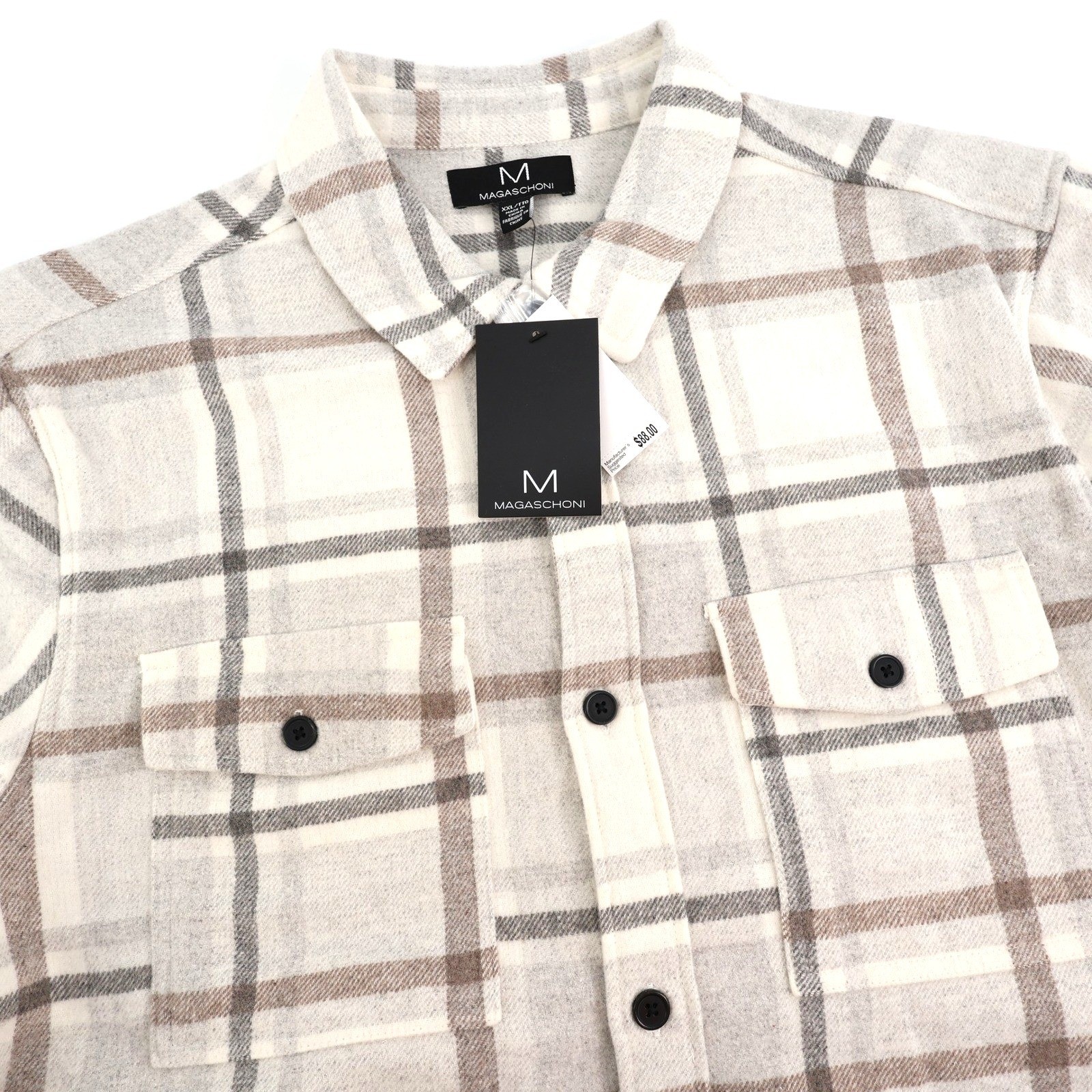 Magaschoni Mens Cream Brown Plaid Wool Blend Shirt Shacket XXL NEW MSRP $88