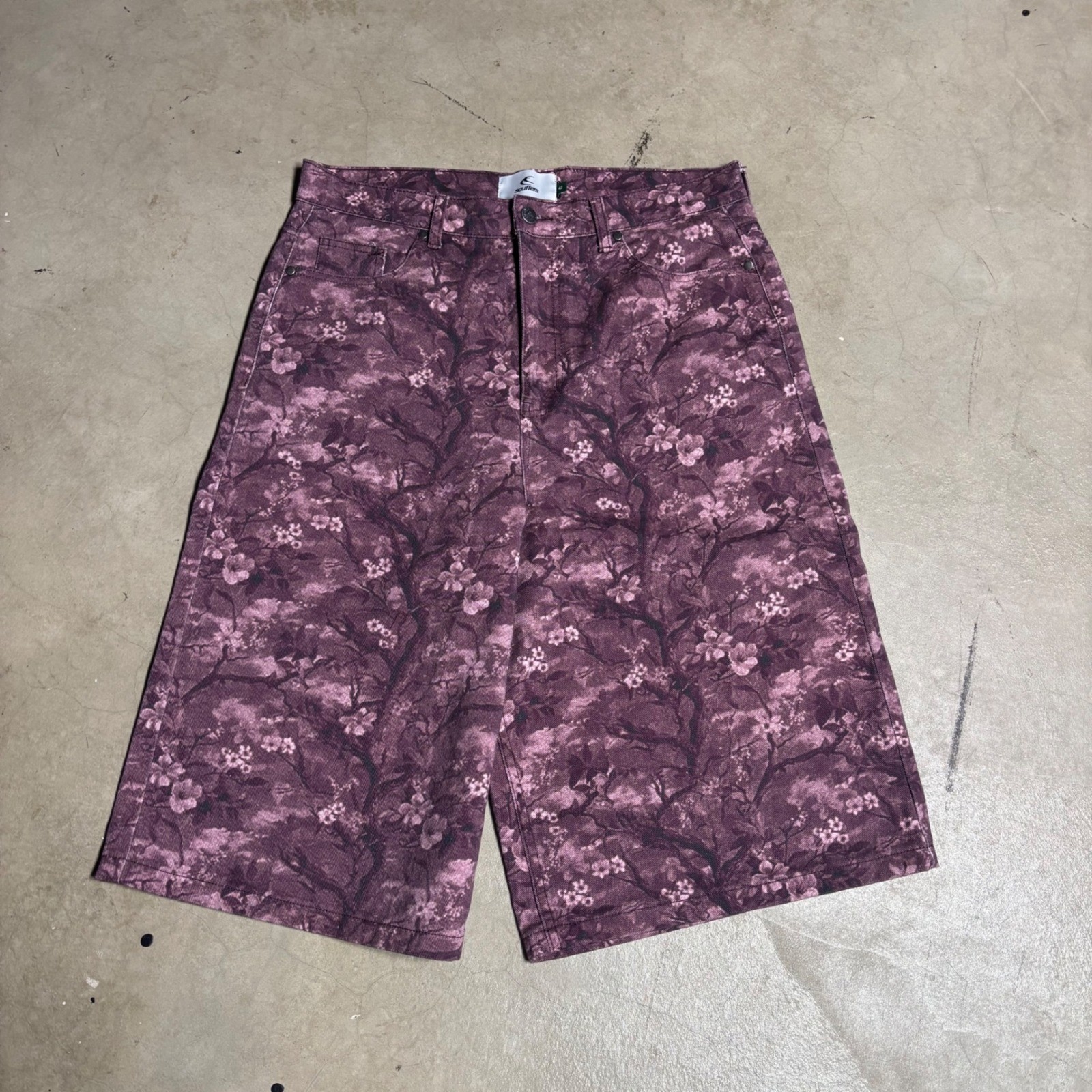 Scuffers Purple Floral Denim Shorts Mens Star Applique Streetwear Wide Leg