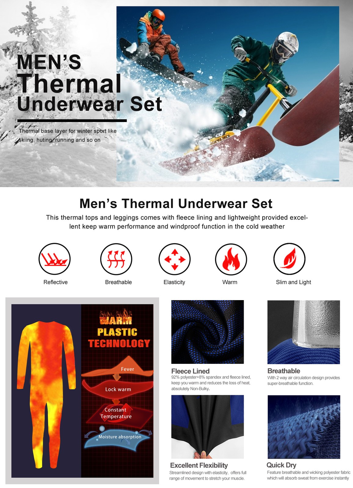 Mens Thermal Long Johns Compression Base Layer Top & Bottom Set Blue Small Size