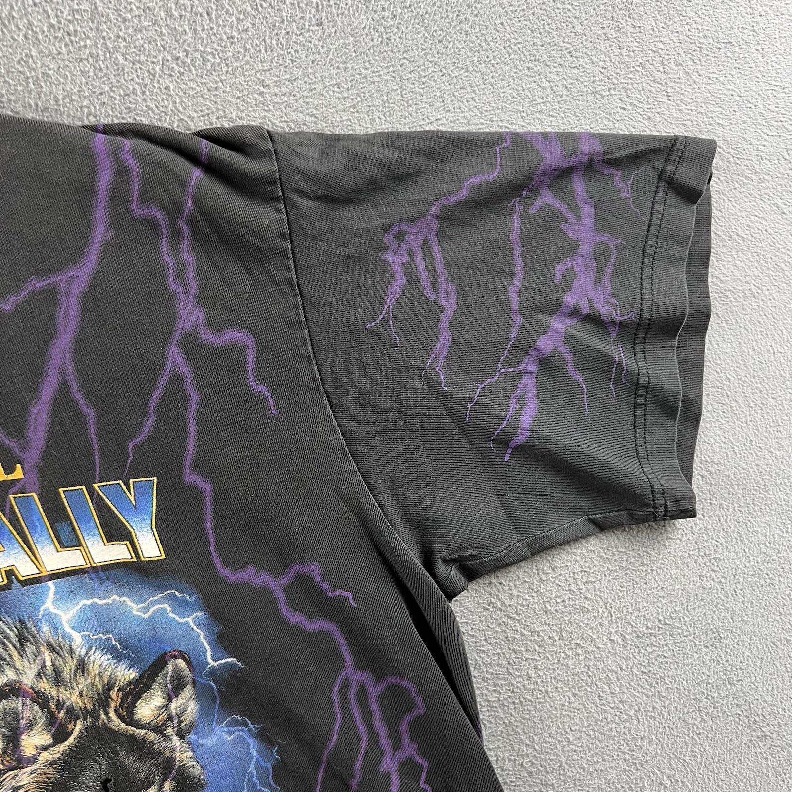 Vintage Sturgis Shirt Mens Large Black Purple Lightning Wolf Biker Rally AOP