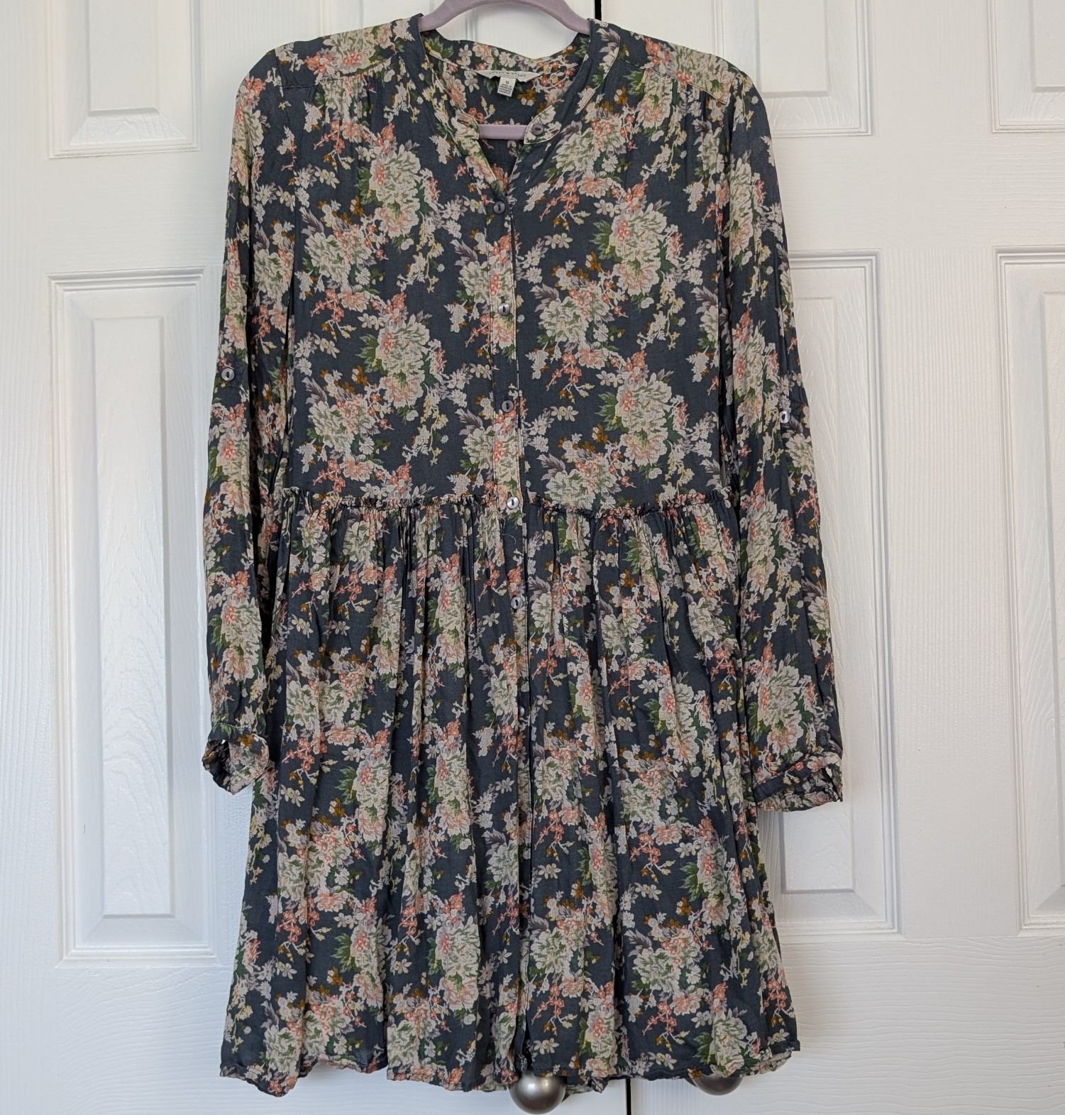 Lucky Brand Blue Multicolor Floral V-Neck Button Babydoll Lined Boho Dress M