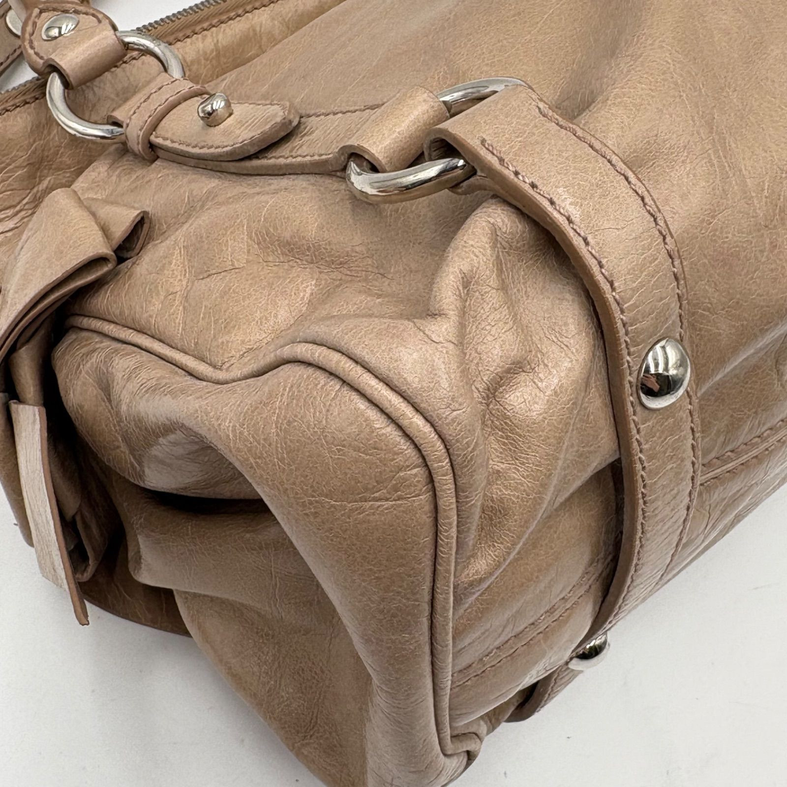 Miu Miu Vitello Shine 2Way Shoulder Bag Pink Beige Side Ribbon Y2K Handbag Auth