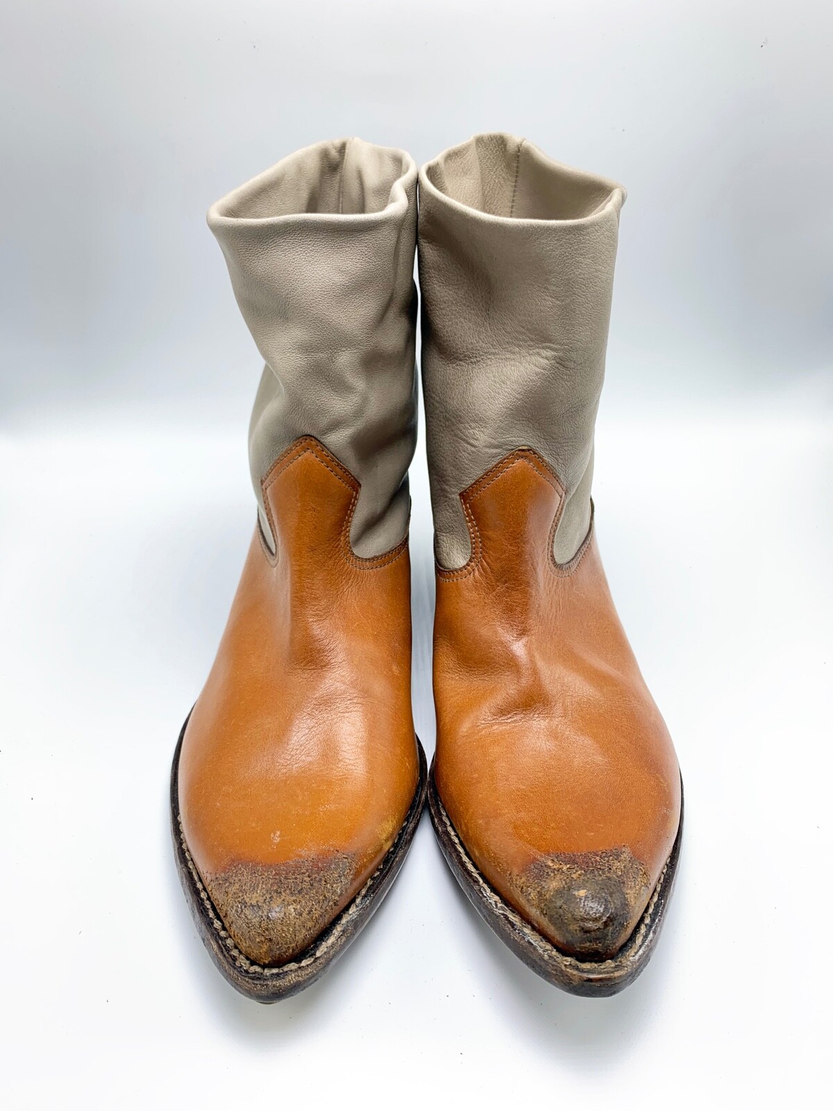 $950 Golden Goose Tribute Distressed Cowboy Western Ankle Boots Brown Grey 38